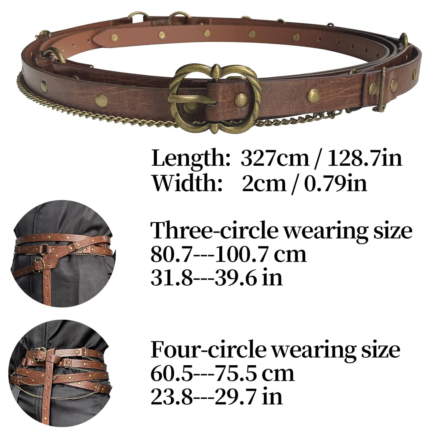 HiiFeuer Medieval DIY Faux Leather Metal Chain Belt, Vintage Adjustable Thin Belt For Women, Retro Skinny Belt For Dresses (Brown A)