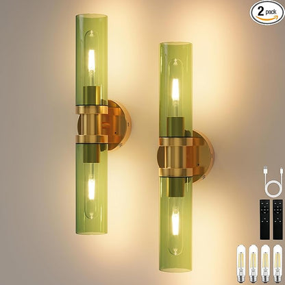 Rechargeable Battery Wall Sconce Set of Two, 8000mAh Cordless, Dimmable, Timer, Remote, Touch Control, USB-C Charging for Living Room, Bedroom Gold with Green Lampshade (Include 4 Special Bulbs)