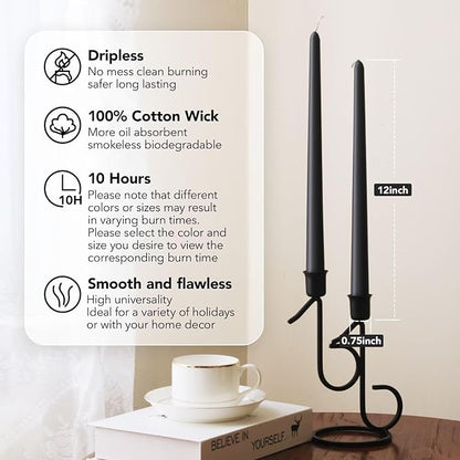 12-Inch Tall Dripless Taper Candles Set of 4 - Black Tapered Candles, Perfect for Halloween - Smokeless, Unscented, Long Burning - Hand Poured, Colored Tall Candlesticks - negras