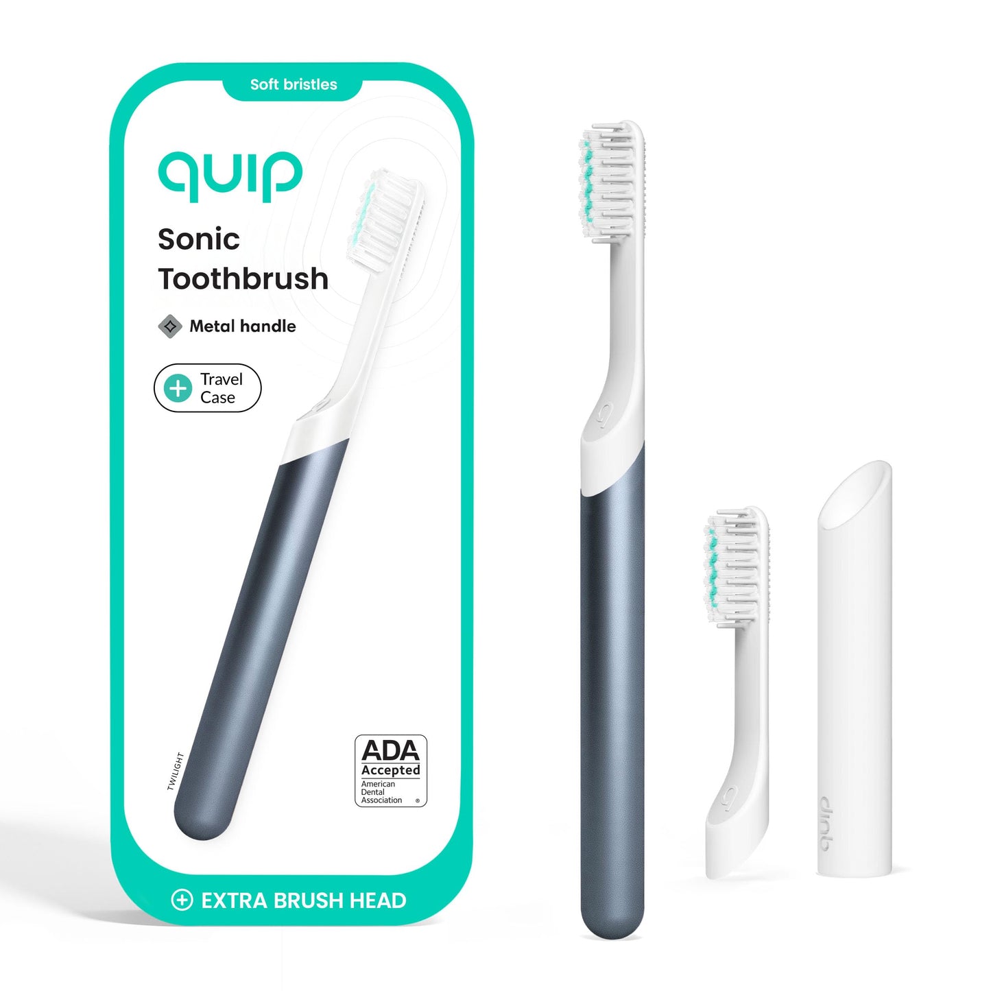 Quip Metal Sonic Electric Toothbrush for Adults - Time Travel & Soft Bristles with Travel Case & Replacement Brush Head - 3 Month Battery Life - Indigo