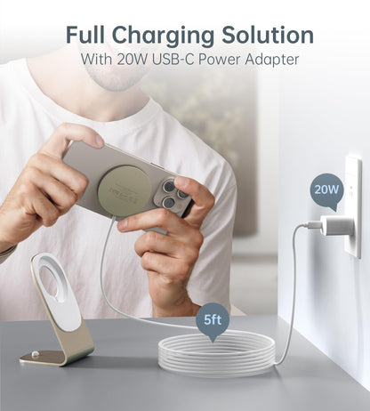 Magnetic Wireless Charger for iPhone 17/16/15/14/13/12 - Mag Charger+20W USB C Adapter, Fast Wireless Charging Stand/Pad with 5ft USB-C Cable for iPhone 17/16/15/14/13/12 Pro Max Plus Mini Air, Airpod