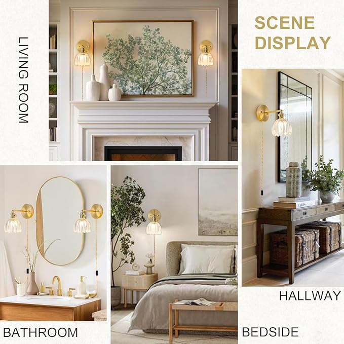 Plug in Wall Sconces Set of 2, Vintage Wall Sconce with Tulip Transparent Glass Lampshade, 180° Adjustable Wall Sconce with Switch and Plug in Wall Lamp Cord, Gold Wall Light Wall Decor Set of 2