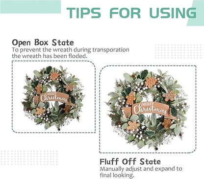24“ Christmas Wreath Winter Wreath for Front Door with Lamb's Ear Leaves Holly Leaves Berries Gingerbread Decoration Wreath for Farmhouse Indoor Outdoor Holiday Home Decor