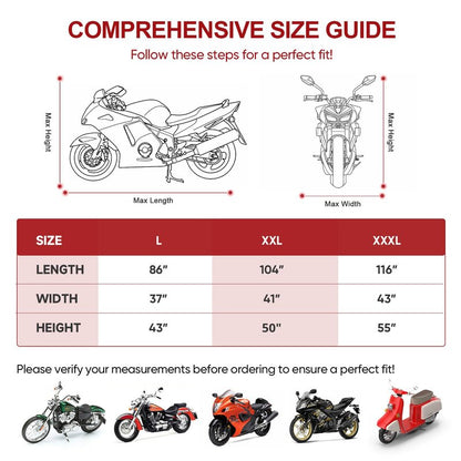 NEVERLAND Motorcycle Cover Waterproof Outdoor - All Season Scooter Covers Heavy Duty with 2 Lock-Holes, Bandage & Storage Bag Fits Most Motorcycles, Scooters, Dirt Bikes, Sportbikes (Up to 86”)