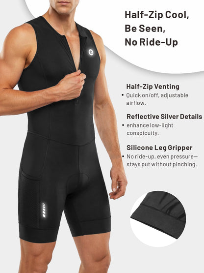 Men's Triathlon Suit Sleeveless One-Piece Trisuit for Swim Bike Run, Aero Fit, Race & Training Suit, 2 Mesh Pockets Black