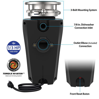 Eco Logic 1/3 Horsepower Garbage Disposal with Removeable Splash Guard, Attached Power Cord and Standard 3-Bolt Mounting System, Continuous Feed Disposer