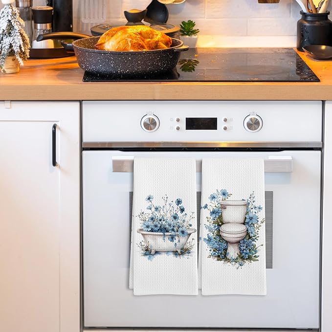 Blue Floral Hand Towels for Bathroom Set of 2, Flower Botanical Dish Tea