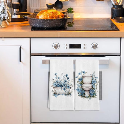 Blue Floral Hand Towels for Bathroom Set of 2, Flower Botanical Dish Tea