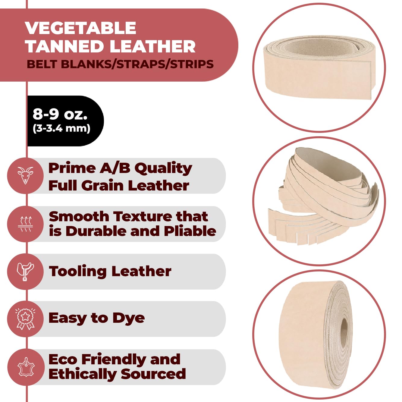 ELW Leather Strap, 8-9 Oz, 1.25 inch Wide x 40", Cowhide Veg Tan Leather Belt Blank, Leather Strips, Tooling Leather, Tan Straps for Crafts, Belt Making & Crafting Blank Hide