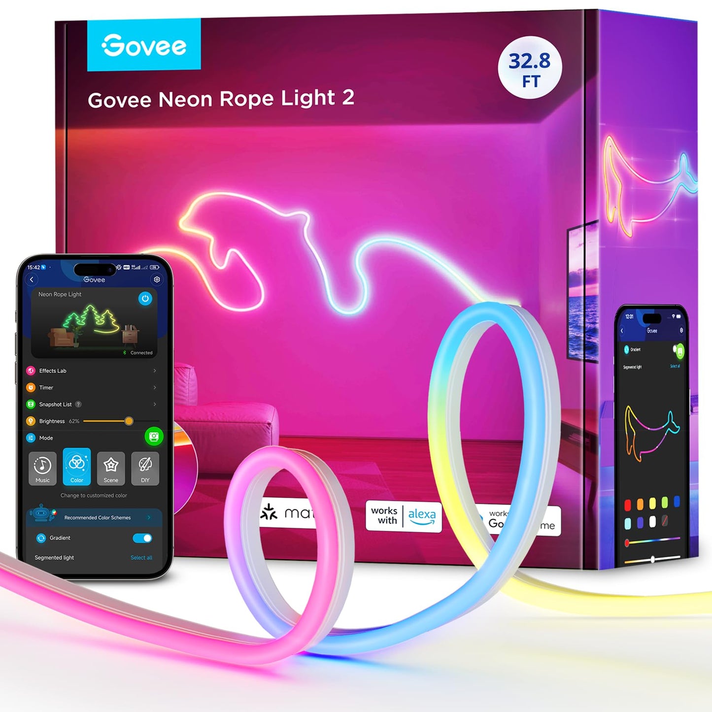 Govee RGBIC Neon Lights, LED Smart Neon Rope Light 2 Works with Matter, Alexa, Google Assistant, Custom DIY Neon Strip Lights for Bedroom and Holiday Decor, Softer Material, 32.8ft, White