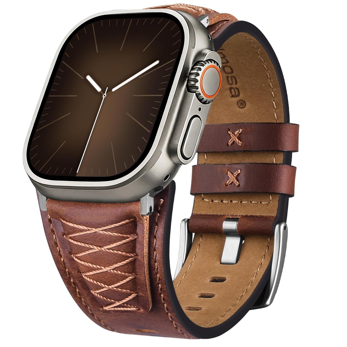 Fullmosa Leather Band Compatible with Apple Watch Ultra 3/2/1 Band 49mm 46mm 45mm 44mm 42mm Men, Top Grain Leather Replacement Strap for iWatch series 11 10 9 8 7 6 5 4 3 2 1, SE 3 2 1,Dark Brown+Silver