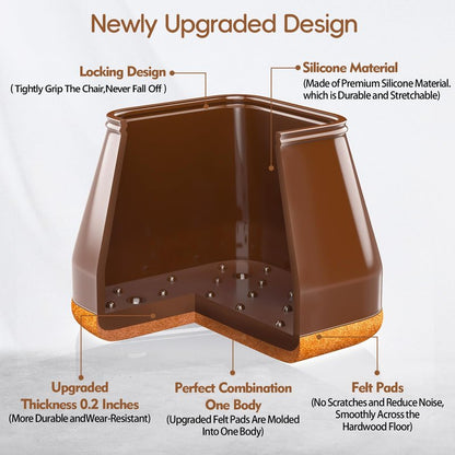 28Pcs Square Chair Leg Floor Protectors with Wrapped Felt Bottom, Silicone Chair Leg Protectors for Hardwood Floors, Chair Legs Cover Prevents Scratches & Reduce Noise (Brown L Fit 1.14"-1.42")