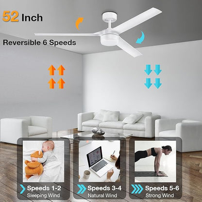 cumilo 52 inch Smart Ceiling Fans with Light and Remote Control, Dimmable,6 Reversible Speed, Low Profile Ceiling Fan Compatible with Alexa WIFI APP,Modern White Ceiling Fan for Bedroom Patio