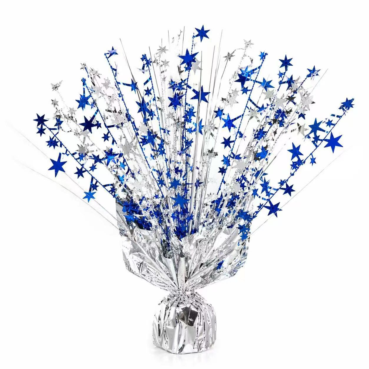 4 Pack Metallic Foil Spray Centerpiece Stars for Wedding, Birthday, Anniversary, Christmas Table Decor, Holiday Festival Baby Shower Graduation Mantle Party Decorations (Silver&Blue)