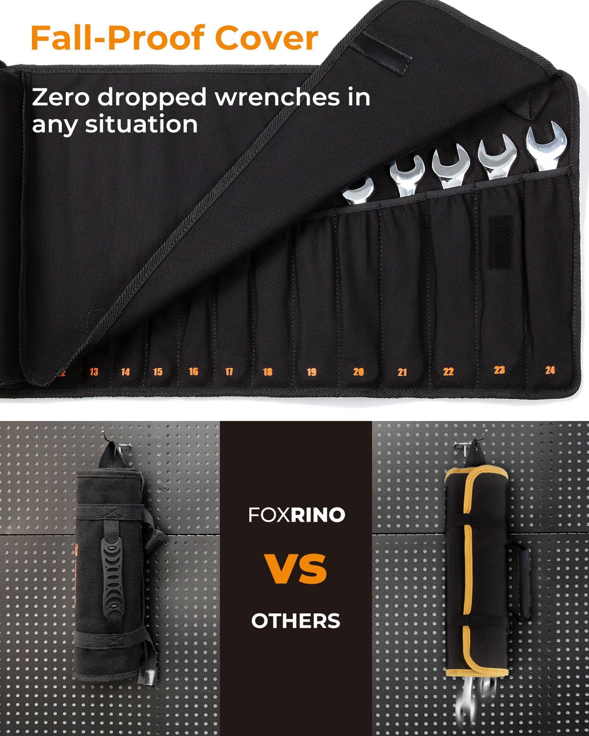 Foxrino Wrench Roll, Wrench Roll Up Pouch, 19-Pocket Heavy Duty Canvas Wrench Organizer Bag for Metric Combination Wrenches, Portable Tool Roll Bag, Gifts for Men for Fathers Day(Black, 19+1 Metric)