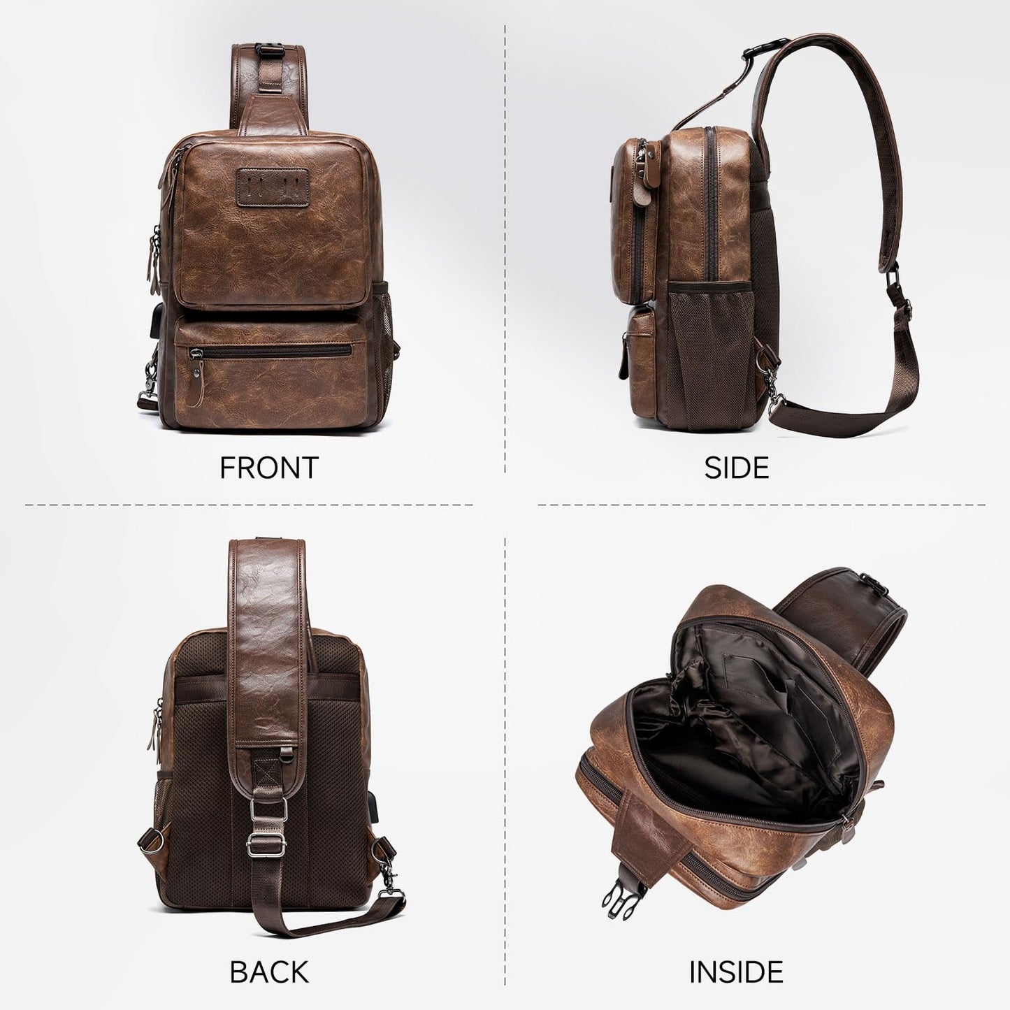 MOYYI EDC Crossbody Bag for Men Leather Sling Bag, Tactical Chest Bag with USB Charging Port, 7L Small Casual Daypacks for Travel