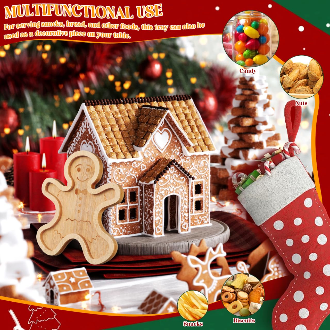 DECHOUS Gingerbread Serving Tray 8.3 Inch Charcuterie Board Christmas Bamboo Serving Platter Holiday Treat Tray for Snacks, Appetizers, Desserts, Holiday Home Party