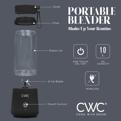 COOK WITH COLOR Mini Portable Blender - 250W Power, 12oz Capacity, Stainless Steel Blade, Wireless/USB Rechargeable, Grey