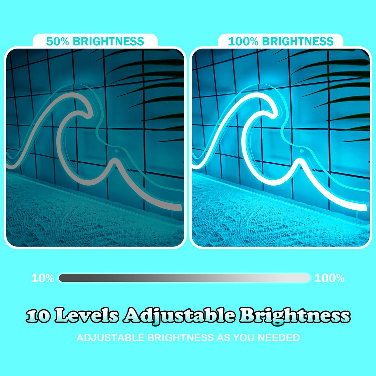 Ajoyferris Wave Neon Sign For Wall Decor Dimmable Led Neon Wave Sign Night Lights Led Wave Sign Ocean Neon Sign for Living Room Bedroom Office Bar Party Christmas Gift(16.5x7inch, Ice Blue)