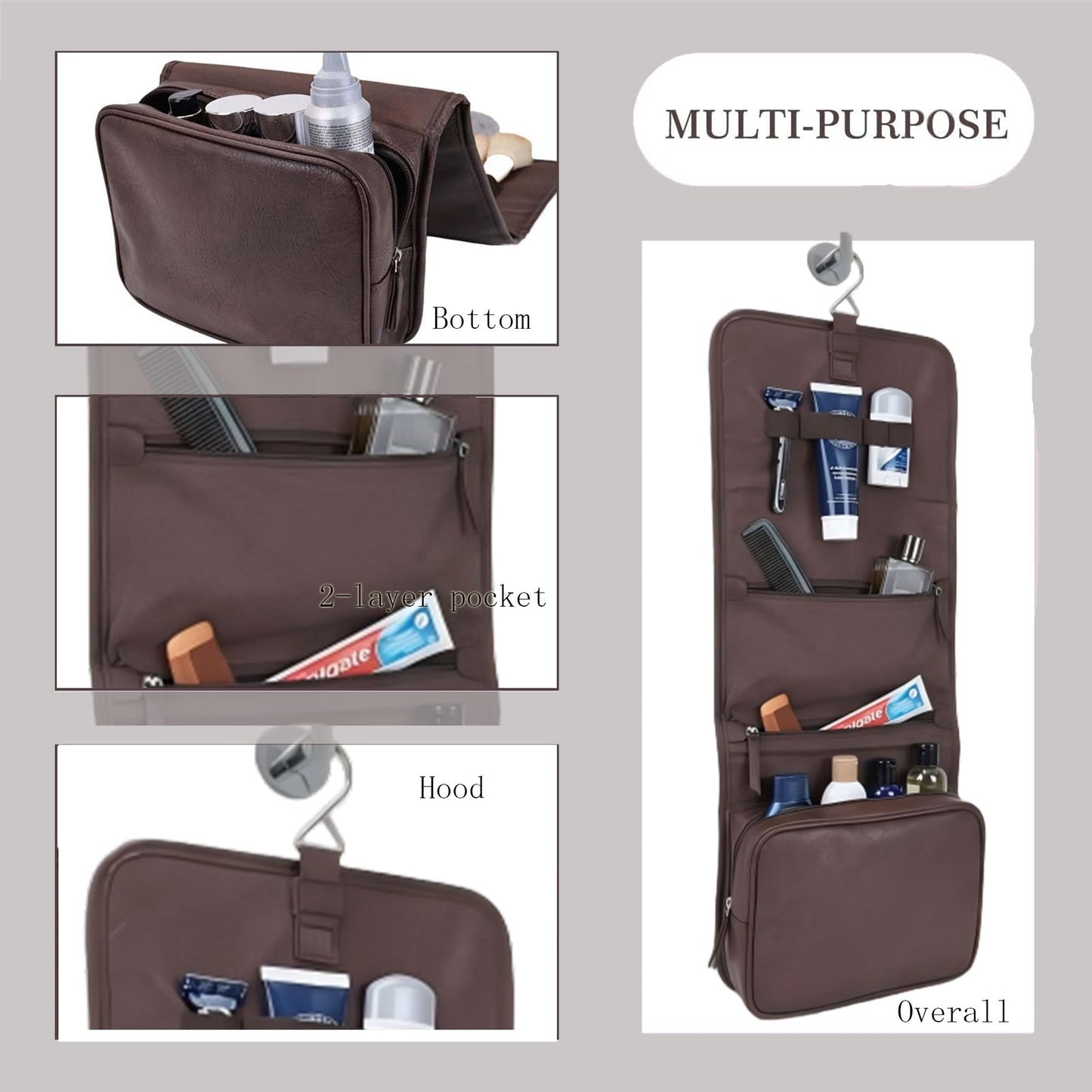 RCFJ b y K L A N D PU Leather Hanging Toiletry Bag for Men, Folding Travel Toiletry Dopp Kit with 4-Layer Organizer, Large Capacity PU Leather Grooming & Shaving Bag, Water Resistant