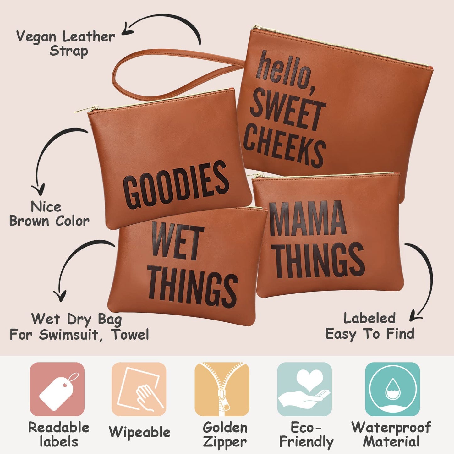 MOMINSIDE Water Resistant Wet Bag | Large & Small Reusable Storage Bag for Baby Items and Travel | Zippered Pockets with Handle |, Set of 4