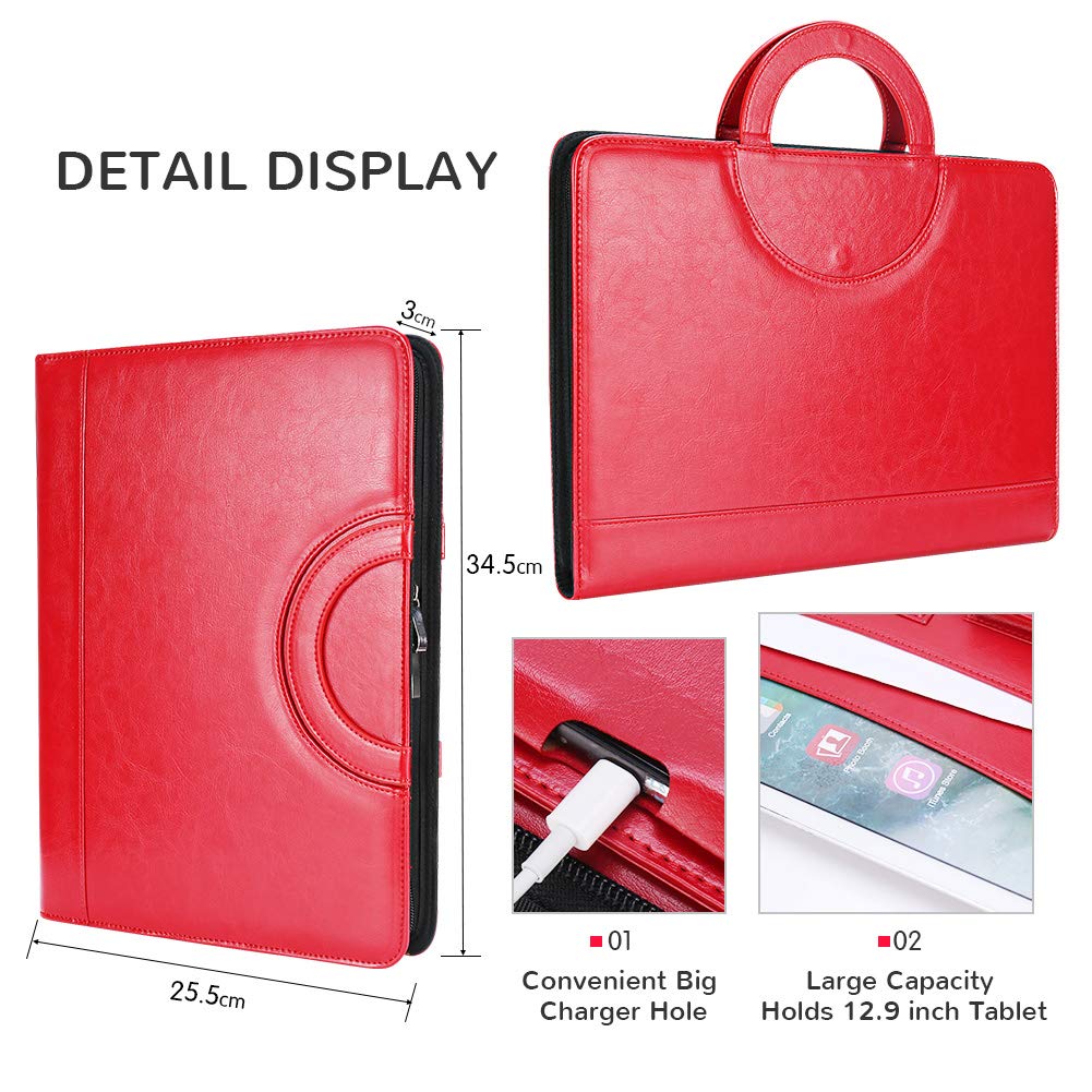 Darolin Vegan Leather Padfolio Portfolio with Handle & Clipboard, Zippered Business Portfolio Organizer for Meetings, Interviews & Travel, Fits A4 & Letter Size, Padfolio for Men Women (Red)