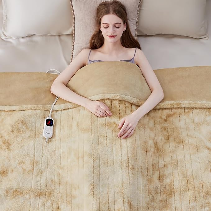 Guohaoi Heated Blanket Electric Throw, Soft Faux Rabbit Fur Electric Blanket with 10 Heating Levels 5 Sitting Timer Auto Off, Cozy Warm Heating Blankets, Machine Washable(72"×84" Beige)