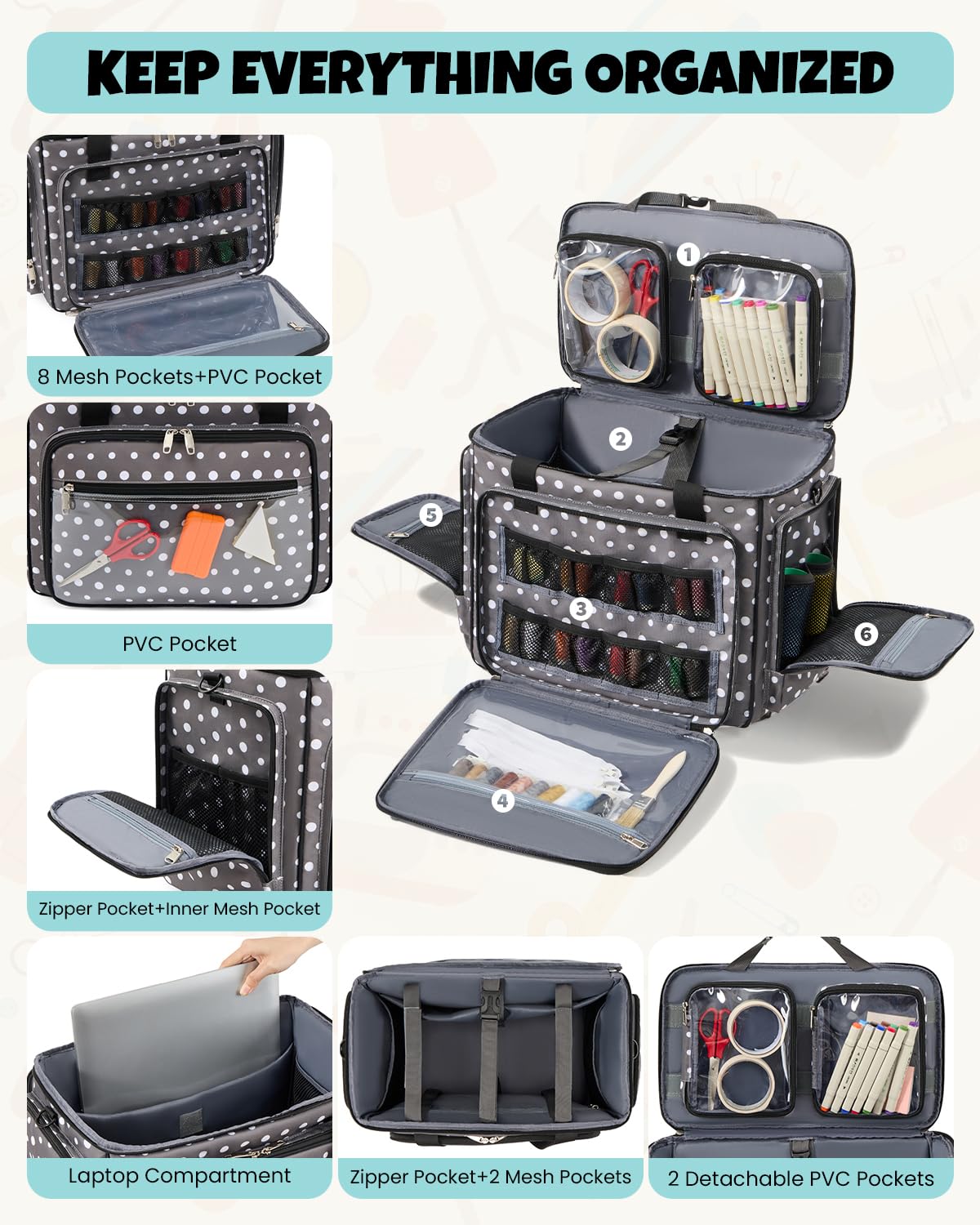 Amythe Rolling Sewing Machine Case with Wheels, Sewing Machine Carrying Bag with Multiple Pockets, Fits Most Standard Machines Compatible with Singer, Brother & Janome, Olive Grey