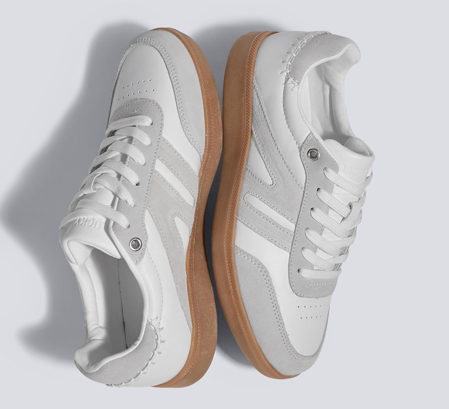 LUCKY STEP Women Classic Retro Gum Sole Fashion Sneakers Casual Tennis Skate Shoe Genuine Leather Walking Footwear Anti Slip Trainers(White/Grey,8.5)