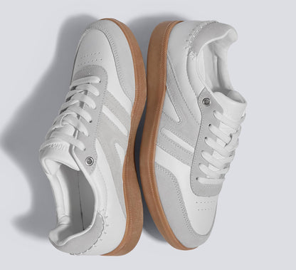 LUCKY STEP Women Classic Retro Gum Sole Fashion Sneakers Casual Tennis Skate Shoe Genuine Leather Walking Footwear Anti Slip Trainers(White/Grey,8.5)