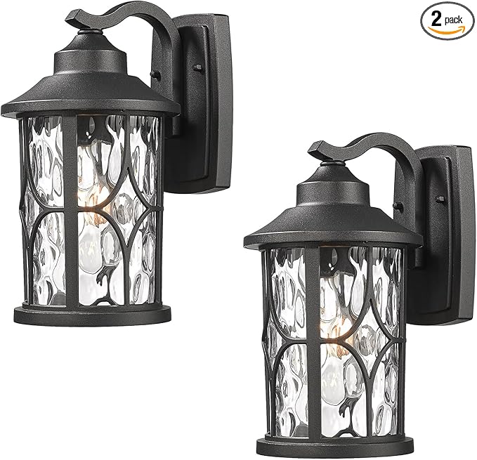 zeyu 2 Pack Patio Wall Light Fixture, 12 Inch Outdoor Modern Wall Lights, Die-Cast Aluminum, Black Finish with Water Ripple Glass, ZX48BWG-2PK BK