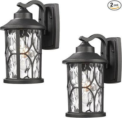 zeyu 2 Pack Patio Wall Light Fixture, 12 Inch Outdoor Modern Wall Lights, Die-Cast Aluminum, Black Finish with Water Ripple Glass, ZX48BWG-2PK BK
