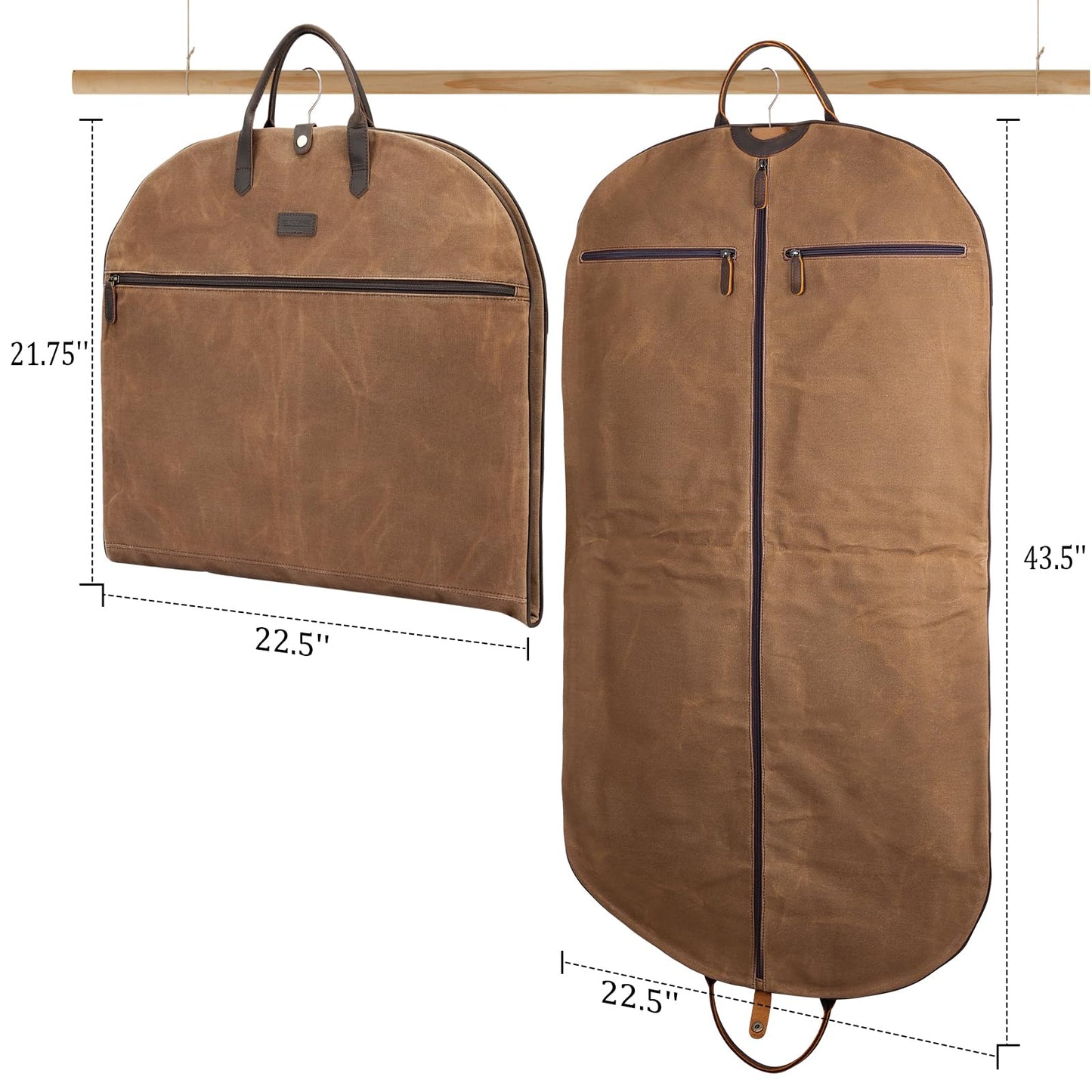Polare 43” Waxed Canvas Full Grain Leather Trim Carry On Garment Bag for Travel, Waterproof Dust-Proof Foldable Hanging Suitcase Weekender Garment Cover with YKK Zipper