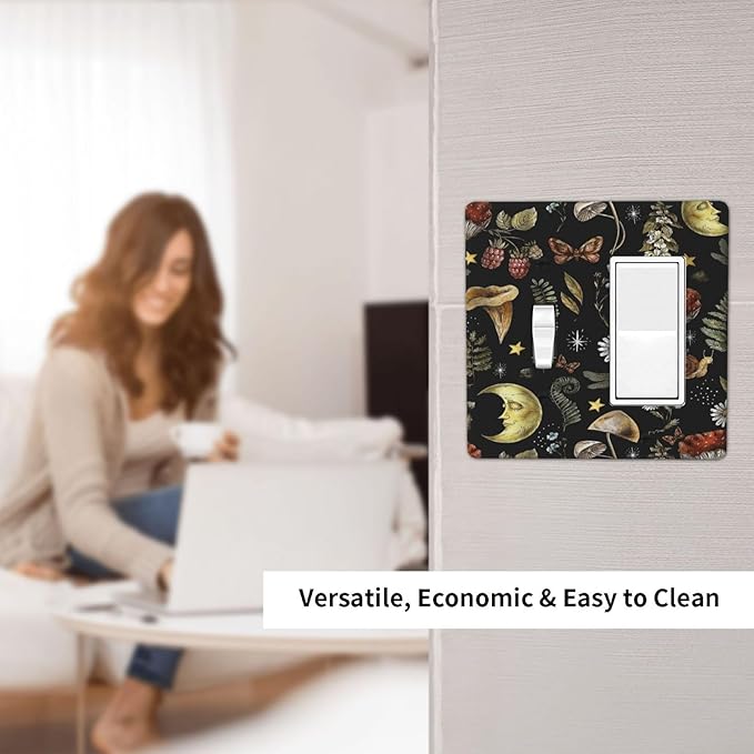 Nature Plant Botanical Daisy Mushroom Snails And Moon 2 Gang Combination Light Switch Cover Decorative Toggle Rocker/Decora Wall Plate Electrical Faceplate for Bathroom Kitchen Home Decor