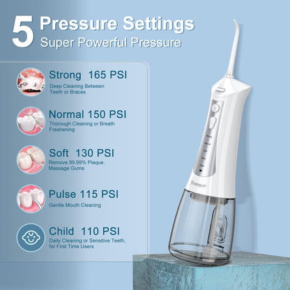 Froomer Water Flosser，Water Dental Forsser for Teeth Clean, 5Modes 4 Jet Tips,Rechargeable Portable Water Flossers for Teeth,300ML Tanks for Travel Friendly(Black
