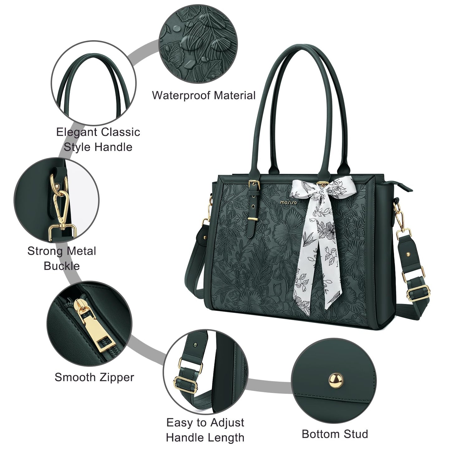 MOSISO Laptop Bag for Women, 15.6-16 inch PU Leather Tote Bag Compatible with MacBook, HP, Dell, Asus Notebook, Front Embossed Retro Hibiscus Computer Bags with Silk Scarf&Clutch Purse, Emerald Green