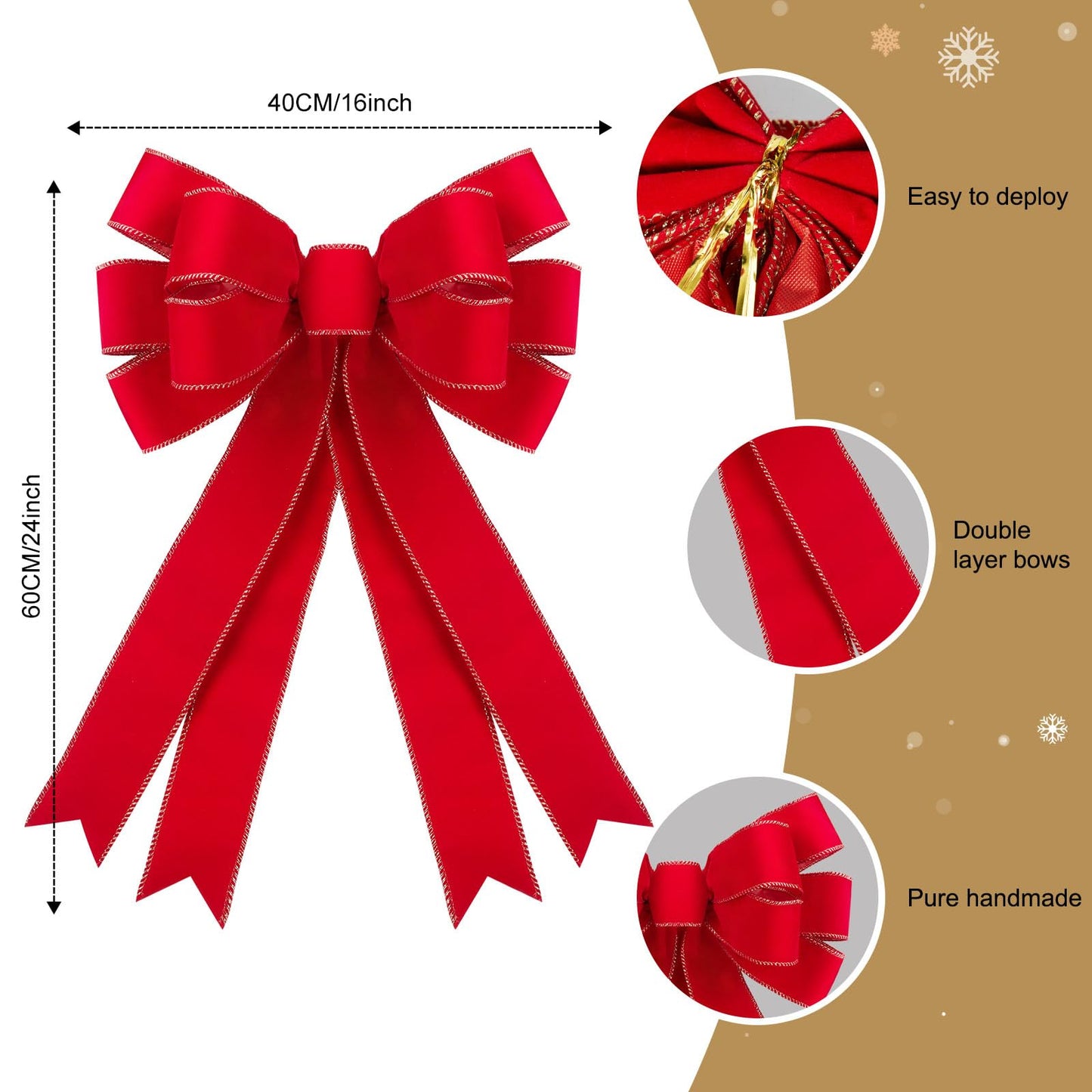 2 Pcs Red Christmas Bows Outdoor Decorations - 16”x24” Large Christmas Tree Topper Bow, Velvet Wreath Bow with Glitter Gold Edge for Xmas Home Front Door Decor