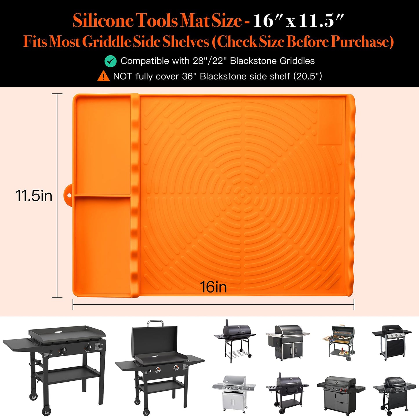 Silicone Grill Mat for Blackstone - BBQ Griddle Tools Side Mat with Drip Pad, Griddle Tools Mat for Outdoor Kitchen Countertop, BBQ Grill Accessories Gifts for Men (Orange)