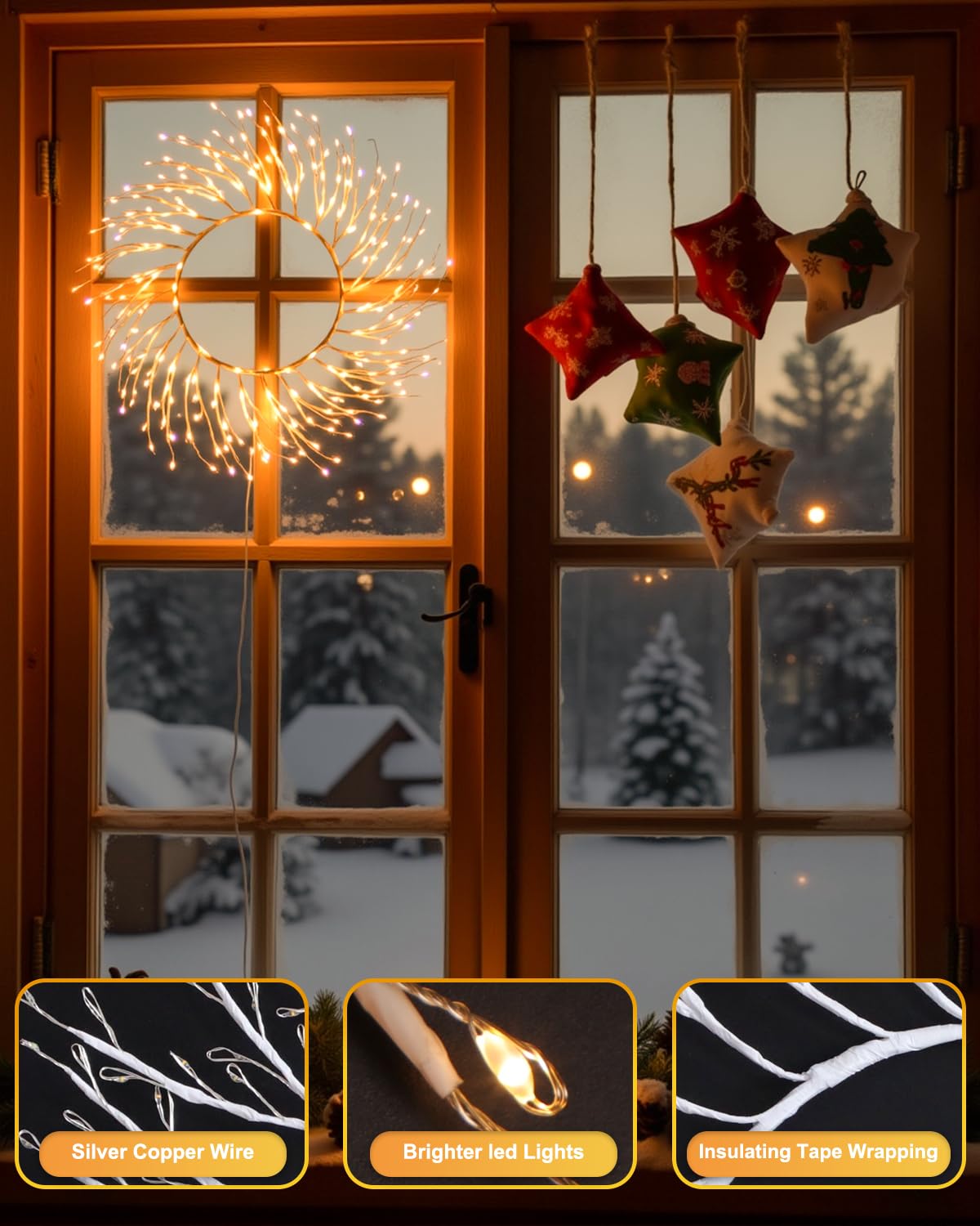 ooLALoo Christmas Window Lights Decorations, 22 Inch Christmas Wreath with 260 LED Fairy Lights, USB Operated Window Light Hanging for Holiday Wall Door Party Xmas Indoor Decor, White Twig