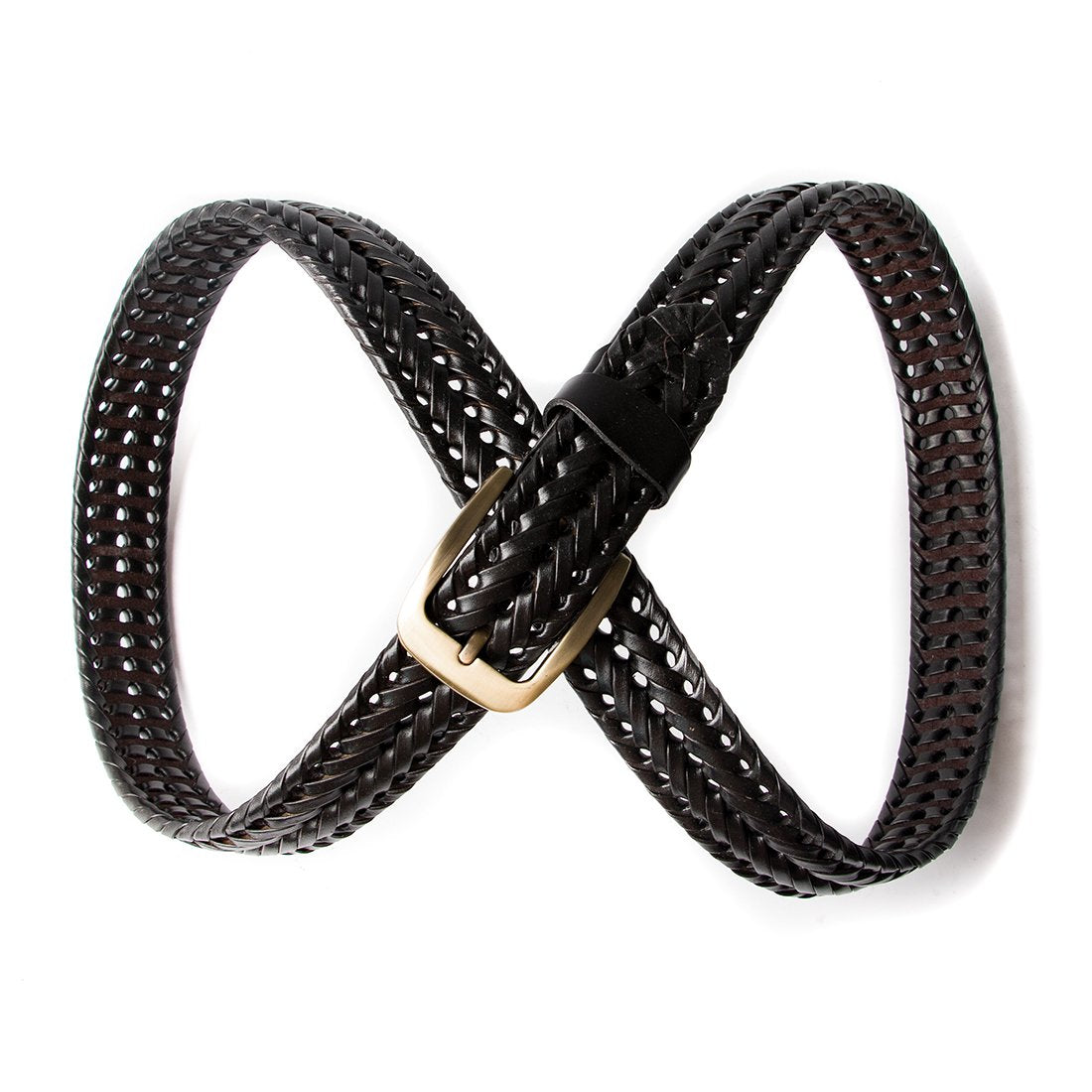 ECHAIN Men Braided Woven Genuine Leather Belt (Waist:34-36, Black)