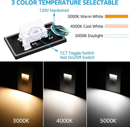 LEONLITE 5CCT 120V LED Step Lights, 3.5W 150LM 5%-100% Dimmable Indoor Outdoor Waterproof Vertical Stair Light, 2700K/3000K/3500K/4000K/5000K Selectable, CRI90, ETL, Aluminum, Black, Pack of 6