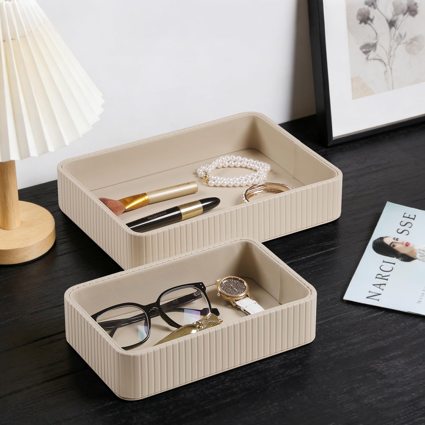 MEIBOOCH Desk Organizer Tray, PU Leather Nightstand Organizer Perfume Valet Tray for Men Women, Decorative Vanity Trays Trinket Dish Key Bowl for Entryway Table (2pcs, Beige, Large+Small)