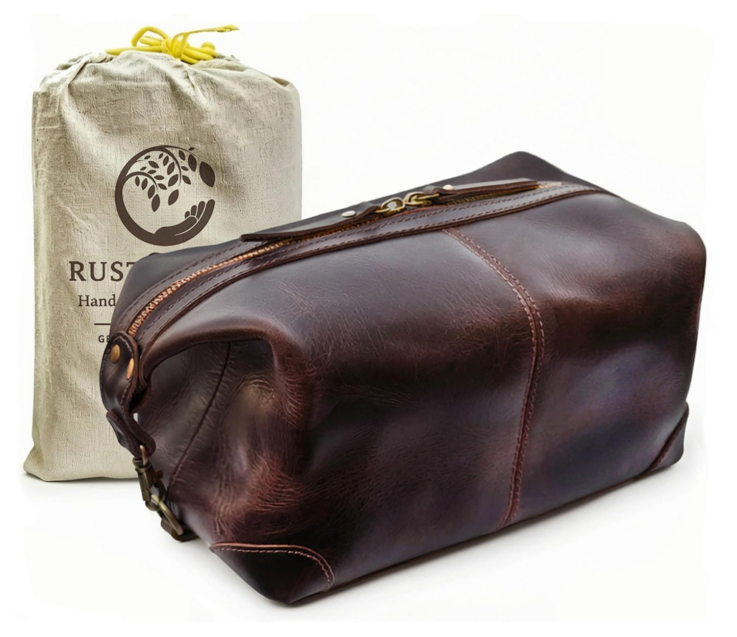 RUSTIC TOWN Full Grain Leather Toiletry Bag for Men & Women – Handcrafted Travel Dopp Kit – Large Water-Resistant Makeup & Shaving Organizer, Walnut Brown