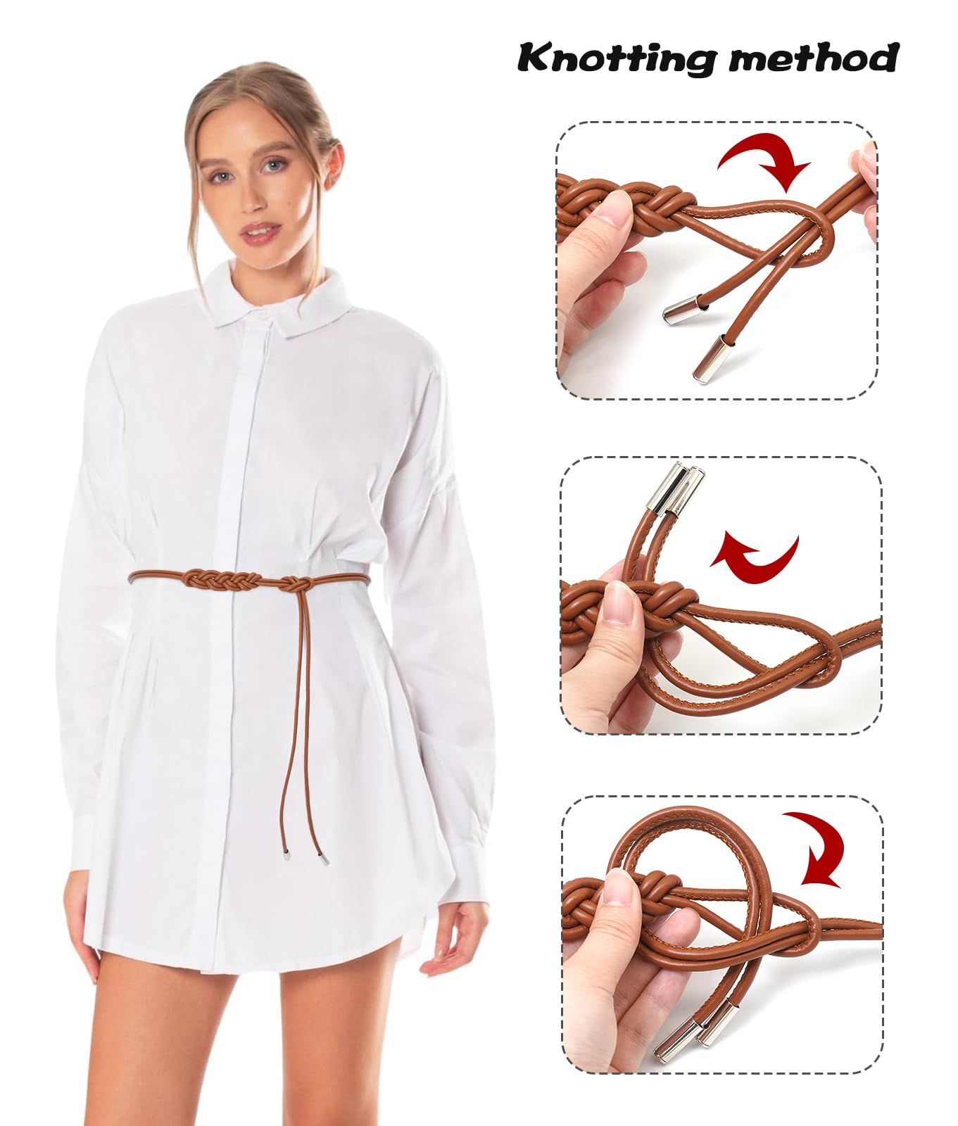 BAOKELAN Women Knot Thin Belts Skinny PU Leather Belts Boho Waist Belt for Dresses Brown 130CM