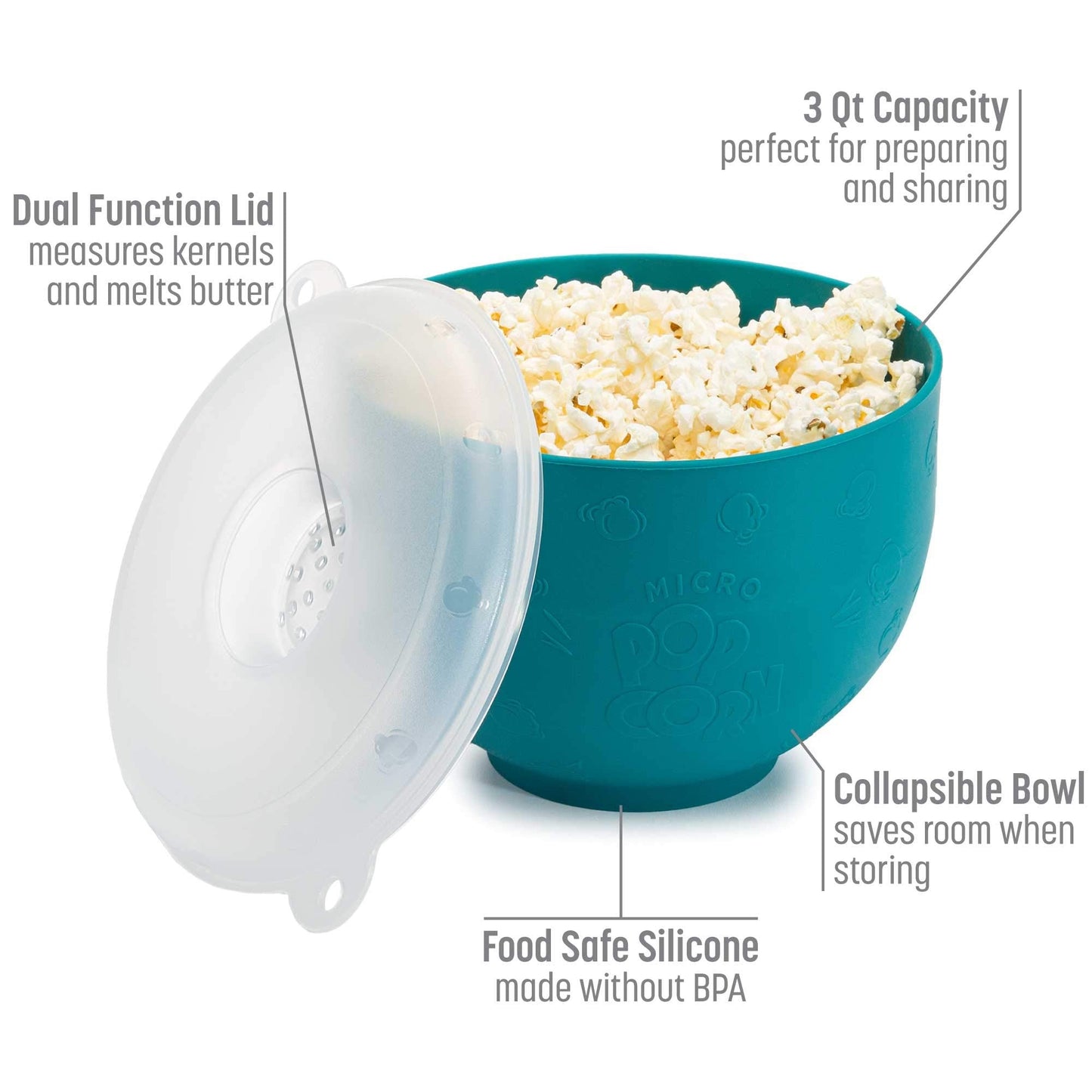 Goodful Silicone Popcorn Popper, Collapsible Hot Air Microwavable Popcorn Maker, Bowl Made without BPA, Teal