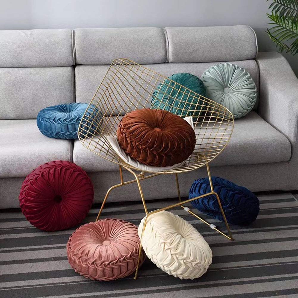 Teieas Round Throw Pillow Velvet Home Decoration Pleated Round Pillow Cushion for Couch Chair Bed Car Beige