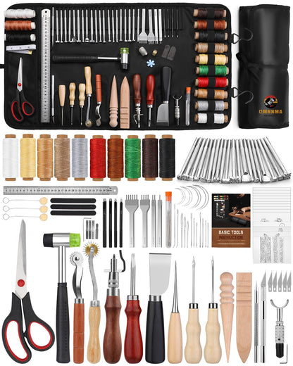 QMNNMA 102PCS Leather Working Tools Leather Tool Kit with Custom Storage Bag, Leather Carving Tools Leather Working Kit for Sewing Carving Cutting Punching Stamping