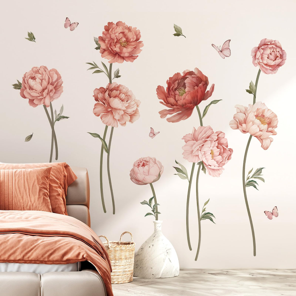 wondever Pink Peony Rose Flower Wall Stickers Boho Floral Peel and Stick Wall Art Decals for Girls Bedroom Living Room TV Wall
