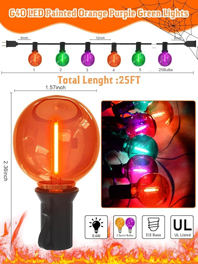 25FT G40 LED Outdoor Halloween String Lights, Orange Purple and Green Halloween Decoration Lights with 25 Globe LED Bulbs, UL Listed Hanging String Lights for Holiday Porch Garden Patio