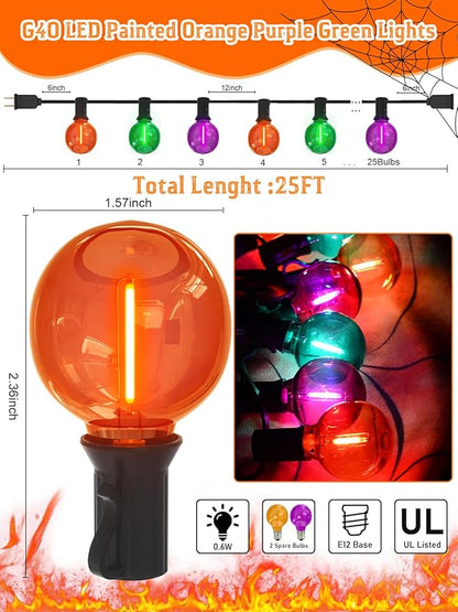 25FT G40 LED Outdoor Halloween String Lights, Orange Purple and Green Halloween Decoration Lights with 25 Globe LED Bulbs, UL Listed Hanging String Lights for Holiday Porch Garden Patio